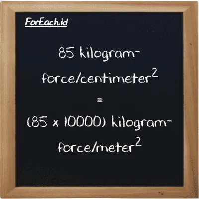 How to convert kilogram-force/centimeter<sup>2</sup> to kilogram-force/meter<sup>2</sup>: 85 kilogram-force/centimeter<sup>2</sup> (kgf/cm<sup>2</sup>) is equivalent to 85 times 10000 kilogram-force/meter<sup>2</sup> (kgf/m<sup>2</sup>)